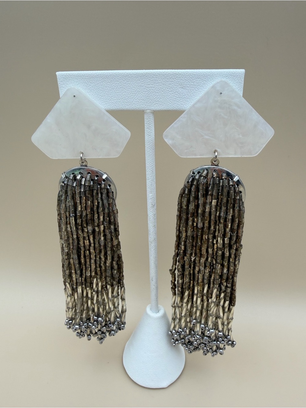 Pearlescent Beaded Tassel Statement Earrings